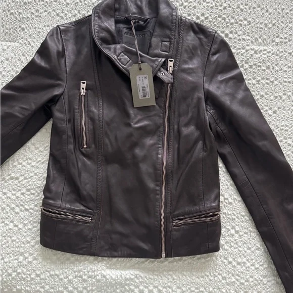 All Saints Brown Leather Motorcycle Jacket Asymmetrical Design - Picture 2 of 4